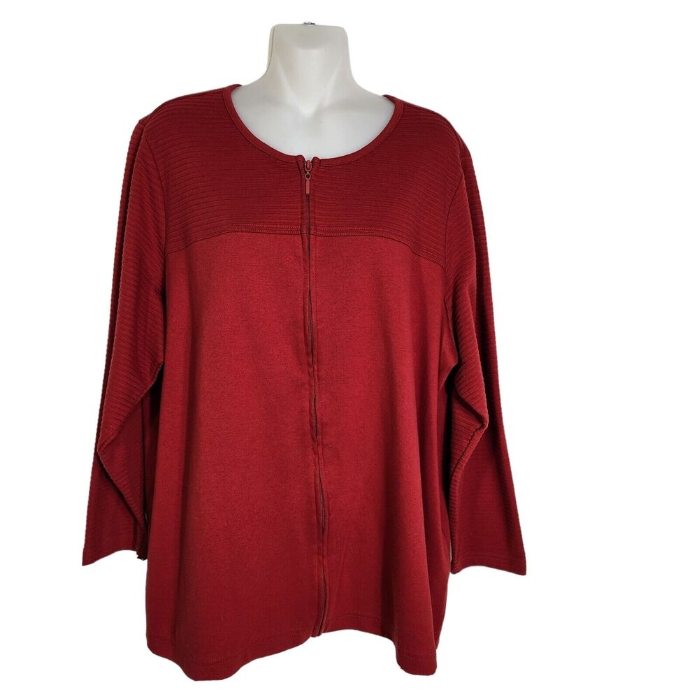 Denim & Co Womens Jacket Size 2X Red Novelty Zip Front Ribbed Long Sleeve A85253